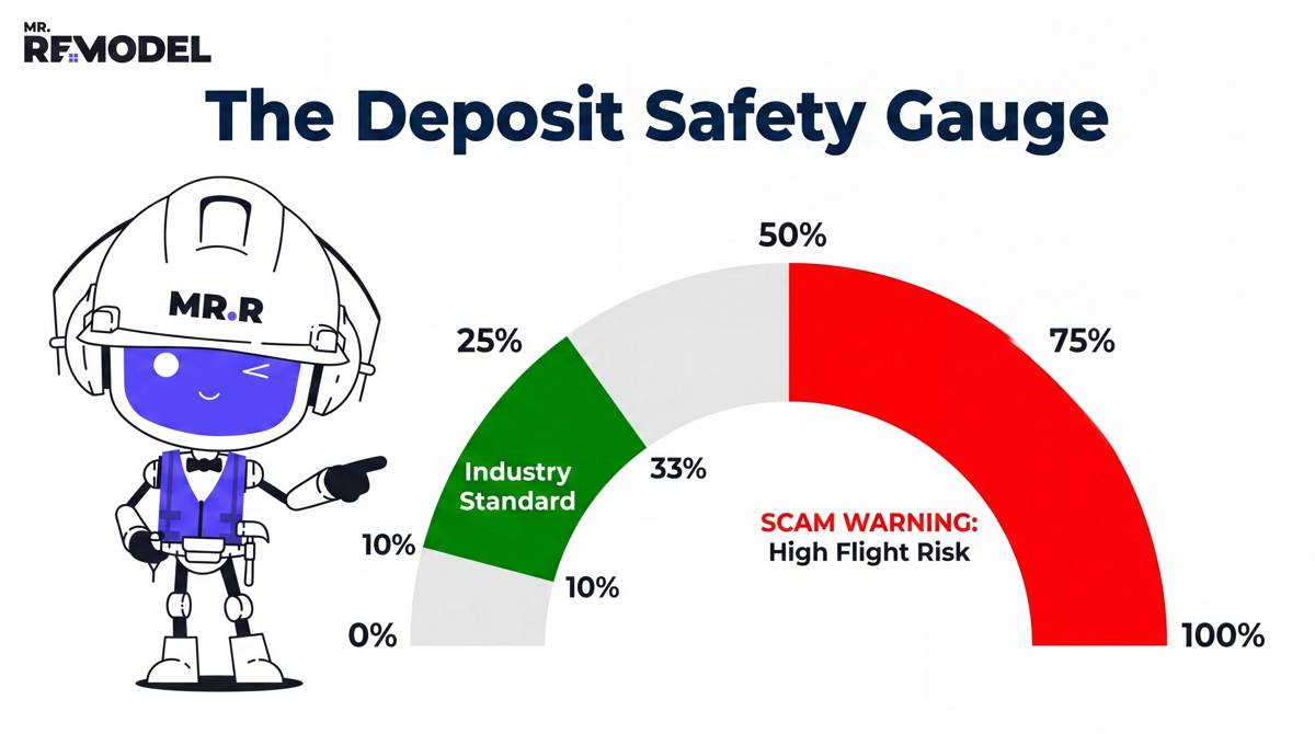 A financial safety graphic illustrating the industry standard deposit range of 10% to 33% for gutter projects.